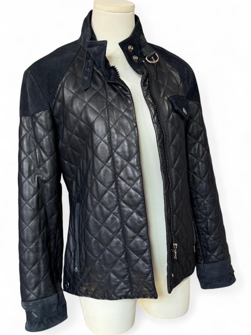 Rare VTG Coach Leatherware Single Rider quilted leather & suede jacket Navy